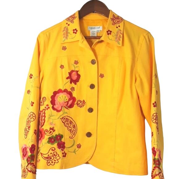 Womens Sz S Yellow Red Embroidered Western Rockabilly Art To Wear Denim Jacket - Picture 1 of 13